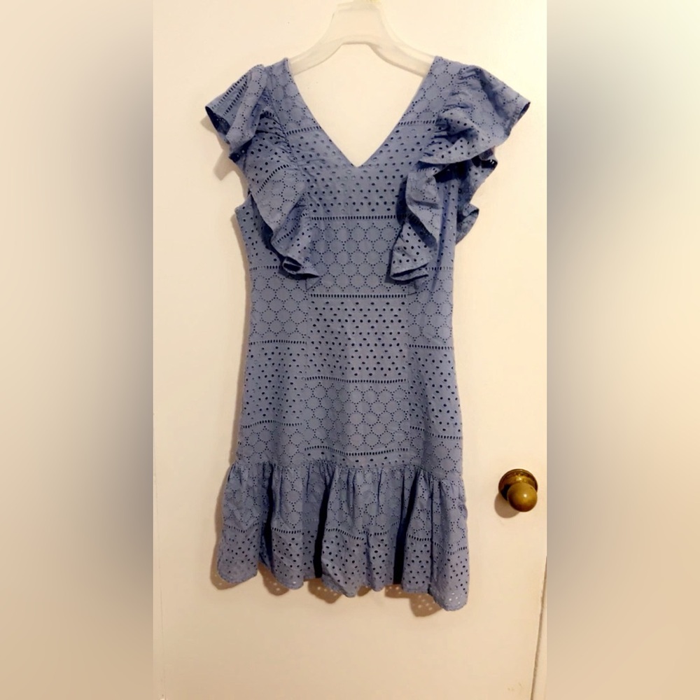 Elegant Blue Eyelet Ruffle Dress